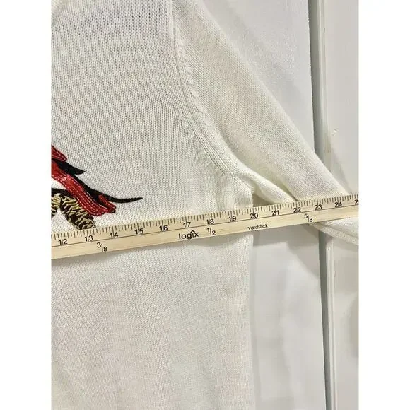 Croft & Barrow women Red Cardinal Sweater Ivory Embellished Soft Acrylic Large - Picture 8 of 11